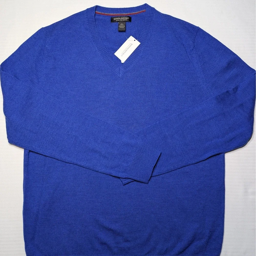 Banana Republic Men L Merino Wool V-Neck Sweater Blue Long Sleeve Lined‎ Trim
